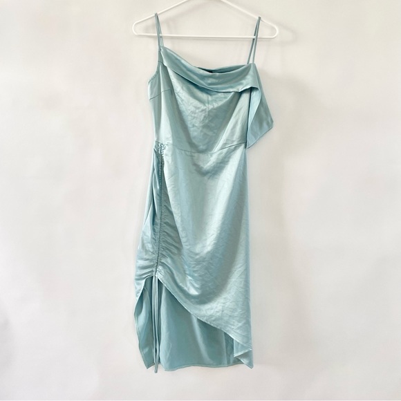 NWT Missguided Satin One Shoulder Asymmetric Ruched Side Midi Dress Blue 2 - Picture 7 of 16